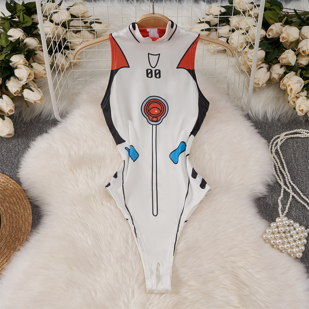 Turtleneck Bodysuit - สีขาวน่ารักหวานการ์ตูนพิมพ์Jumpsuitครึ่งคอแขนกุดผอมชุดชั้นในBodyconบอดี้สูทRompers Catsuitsเสื้อผ้า