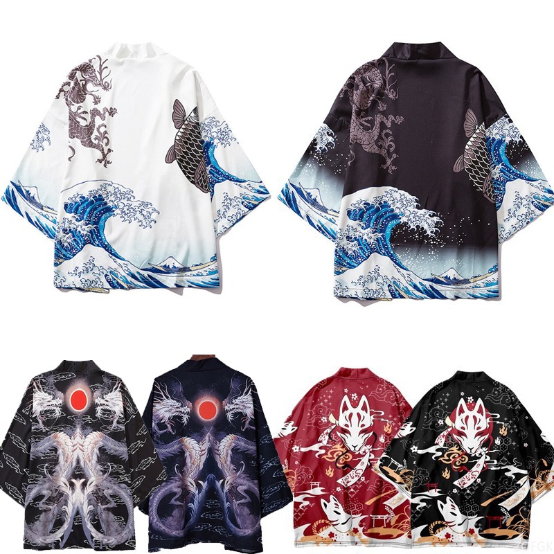 Women'S Fashion Kimono - สไตล์จีนฮาราจูกุ ฮาโอริพิมพ์เคปกิโมโนพร้อมปกเปิดสำหรับผู้ชายและผู้หญิง, เสื้อคลุมพิมพ์ลายพรมคลื่นหลวม
