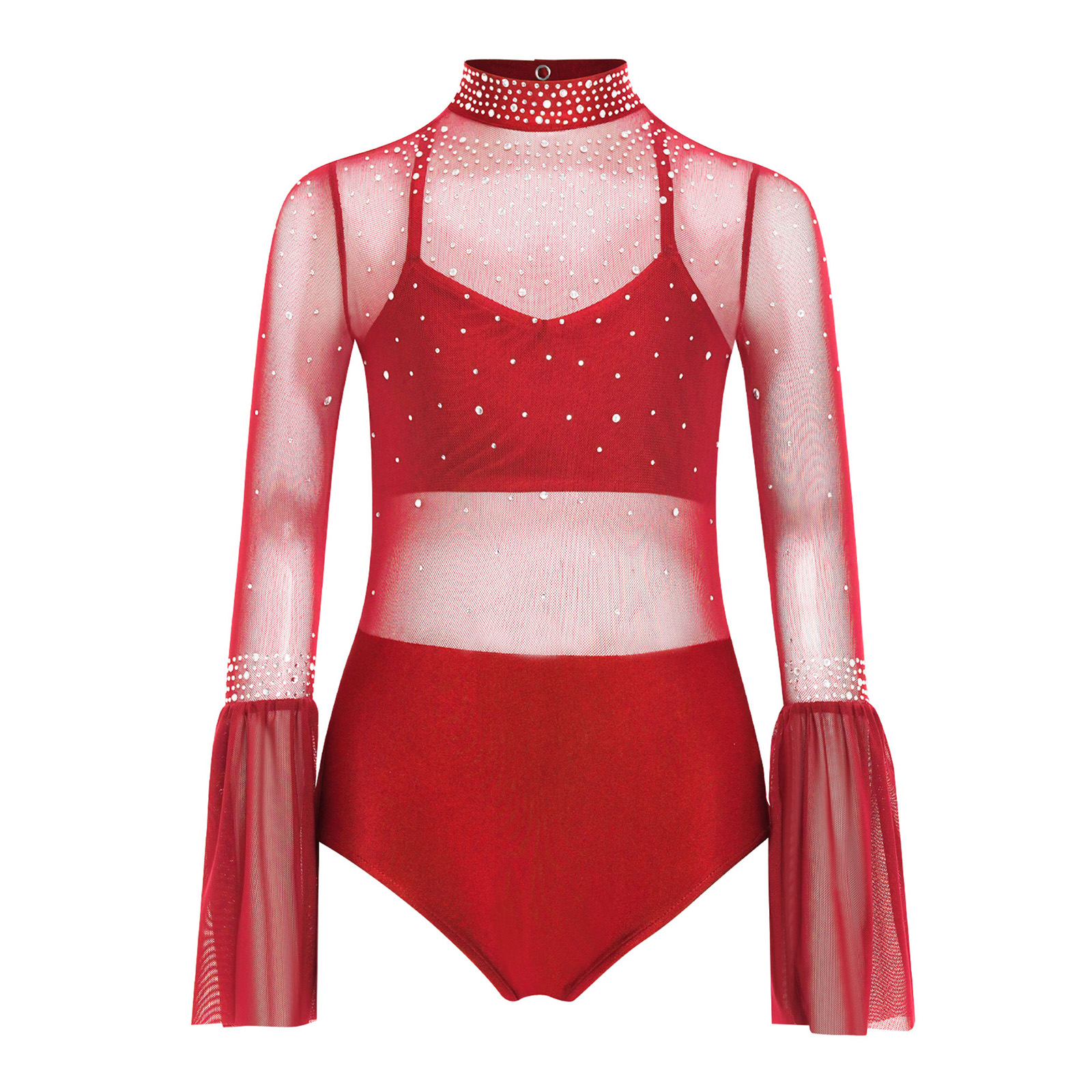 Turtleneck Bodysuit - ชุดบอดี้สูทเด็กผู้หญิงแขนบานเปิดหลังประดับเพชรสำหรับเต้นบัลเลต์ ลีริคอลแดนซ์ สเก็ตฟิกเกอร์ และการแสดงบนเวที
