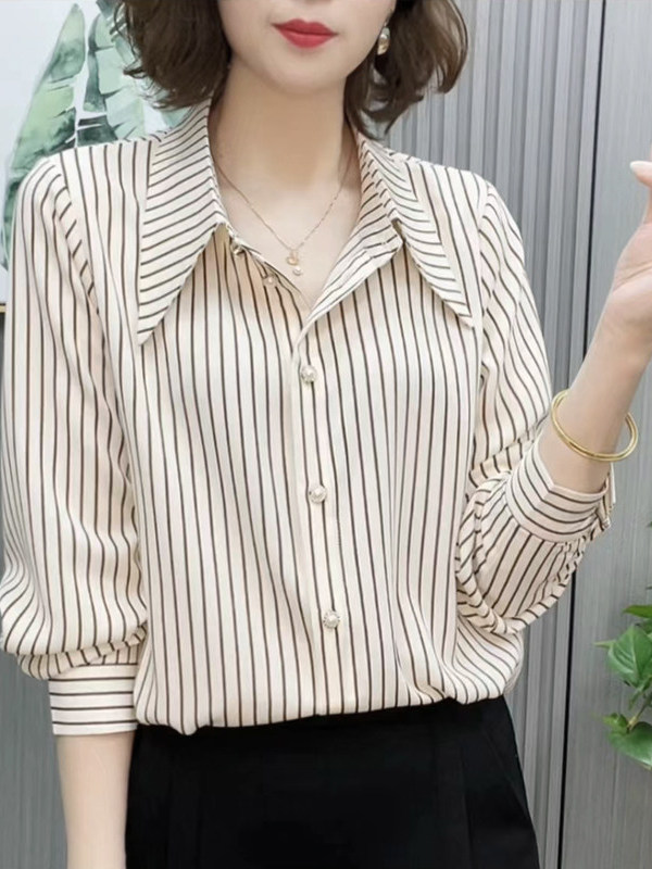 Women Fashion Over 60 - ฤดูใบไม้ผลิฤดูร้อนเสื้อเชิ้ตแขนยาวทรงหลวมบาง ๆ ลายทางสำหรับผู้หญิงวัยกลางคนเสื้อโค้ทแฟชั่นสำหรับคุณแม่