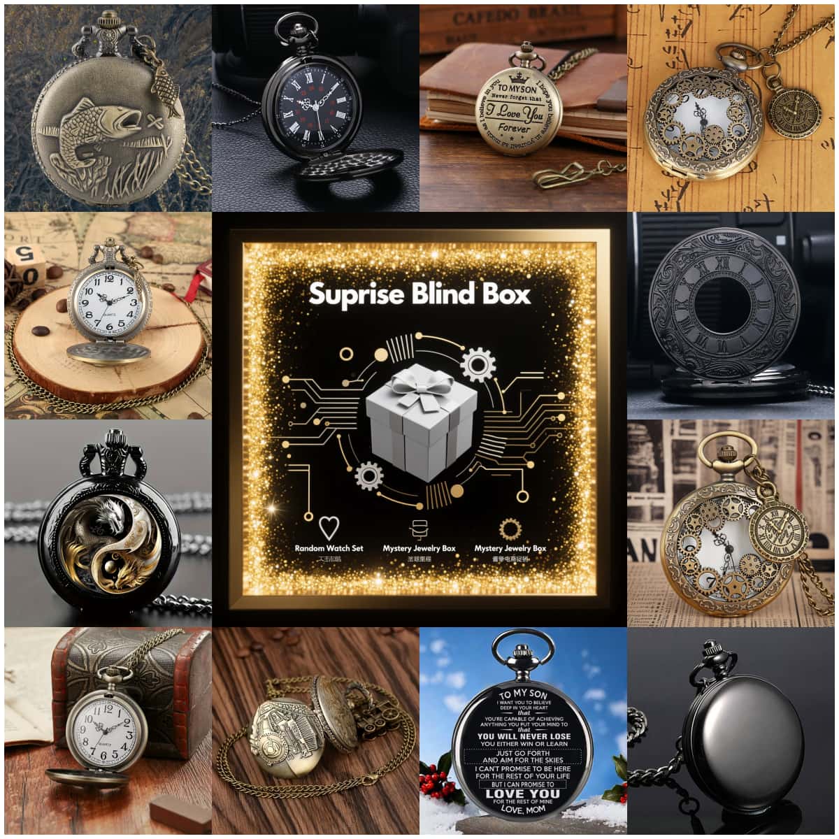 Women'S Fashion Gifts - นาฬิกาพกควอตซ์วินเทจสุ่มแบบ 1 ชิ้น กล่องของขวัญเซอร์ไพรส์ลึกลับ สำหรับผู้ชายและผู้หญิง