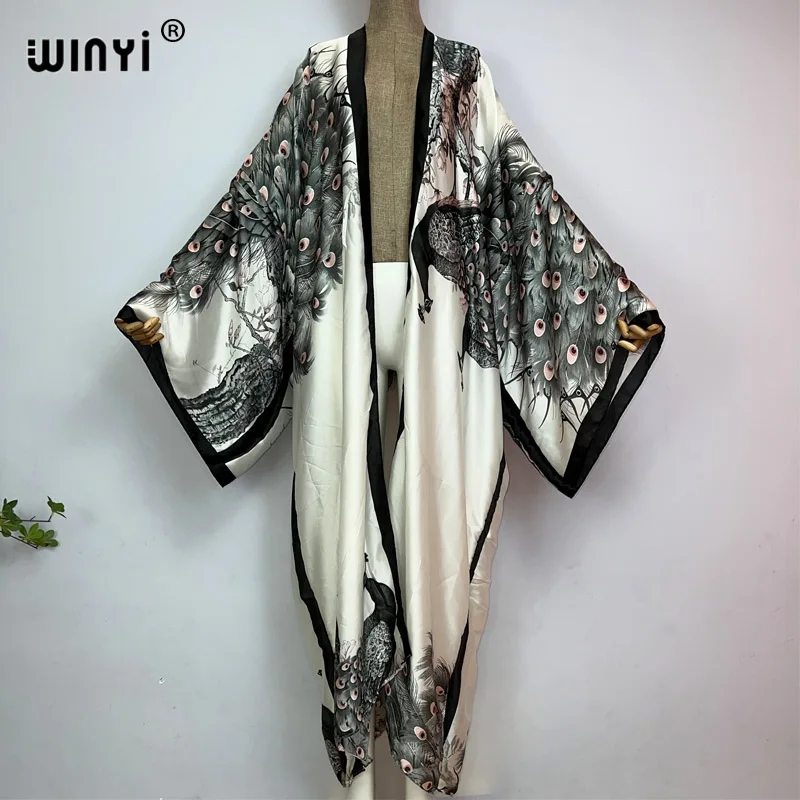 Women'S Fashion Kimono - Winyi ชุดเดรสผ้าไหมแขนยาวพิมพ์ลายนกยูงคลาสสิกสำหรับฤดูร้อนชุดคาร์ดิแกนสไตล์แอฟริกัน