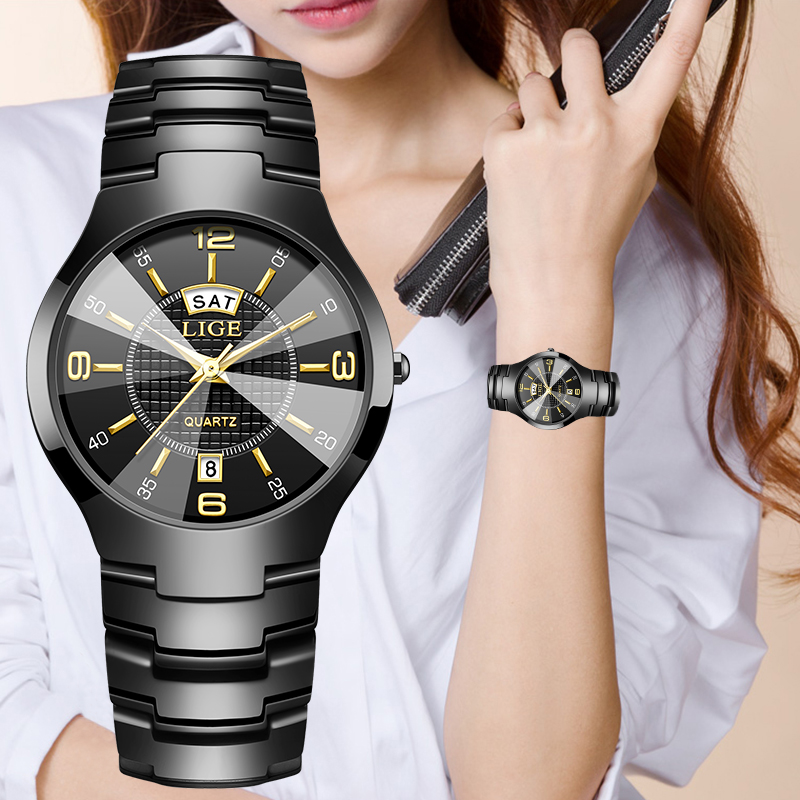 Fashion Women Watches - นาฬิกาข้อมือผู้หญิง LIGE แฟชั่นหรูหรา สายเซรามิก แสดงวันที่และวันในสัปดาห์ กันน้ำ
