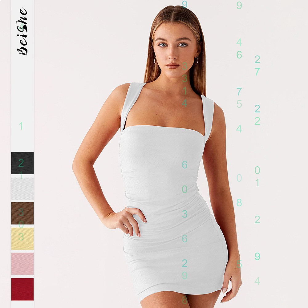 Ruched Dress Mini - ชุดเดรส Y2K เซ็กซี่ คอเหลี่ยม ทรงรัดรูป มินิเดรสจับจีบ