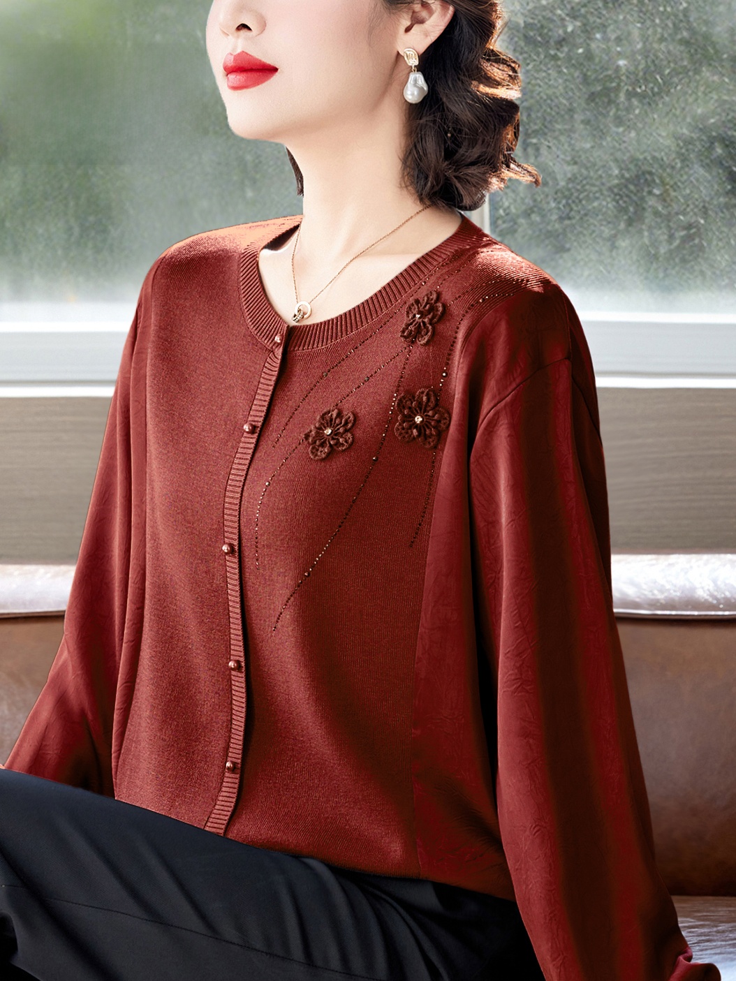 Women Fashion Over 60 - เสื้อคาร์ดิแกนถักนิตติ้งเก๋ไก๋สำหรับผู้หญิง ปักลายดอกไม้ ทรงหลวม สำหรับวัยกลางคน แฟชั่นฤดูใบไม้ผลิ เสื้อยืดลำลอง