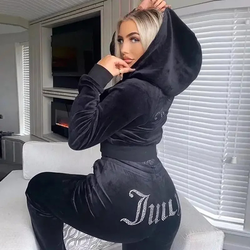 Women'S Fashion Hoodie - 2025 ใหม่ฤดูหนาว Juicy Coutoure ผู้หญิงกํามะหยี่เพชรแขนยาวกางเกง Hoodie