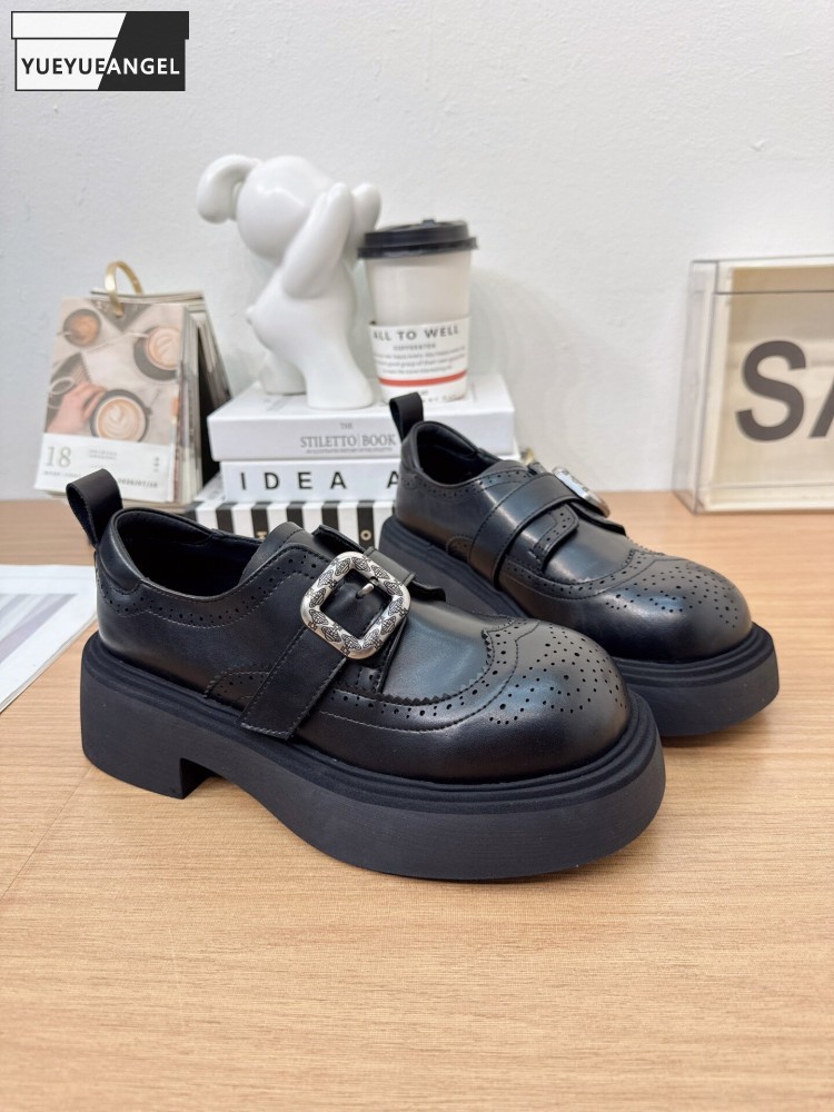 Sale Fashion Women - รองเท้าส้นเตารีดหนังแท้ทรงกลมหัวมน สไตล์อังกฤษ สีพื้น แต่งหัวเข็มขัด ระบายอากาศได้ดี ขายดี