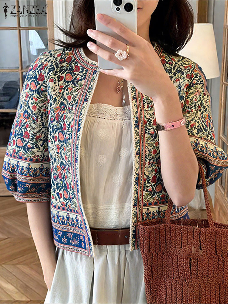 Women'S Fashion Kimono - ZANZEA เสื้อแฟชั่นเสื้อสเวตเตอร์ถักลำลองผู้หญิงครึ่งแขนอินดี้พื้นบ้านพิมพ์เสื้อฤดูใบไม้ร่วงกิโมโน 2025 วินเทจหลวมเปิดเย็บ