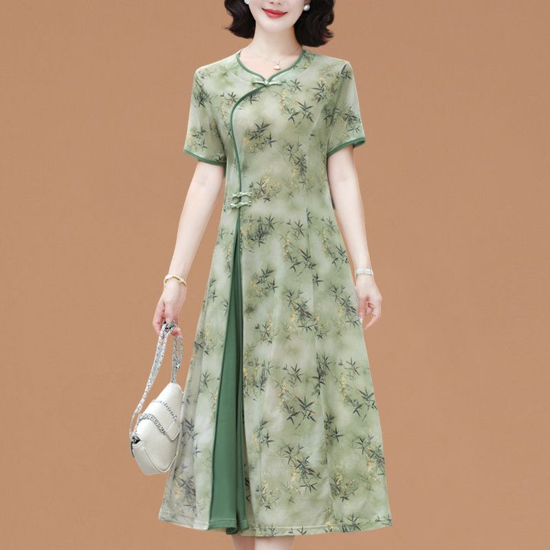 Women Fashion Over 60 - ชุดเดรสแขนสั้นหรูหราสำหรับผู้หญิงวัยกลางคนและผู้สูงอายุ แฟชั่นฤดูร้อน ชุดคลุมท้องทรงเข้ารูป ระบายอากาศได้ดี