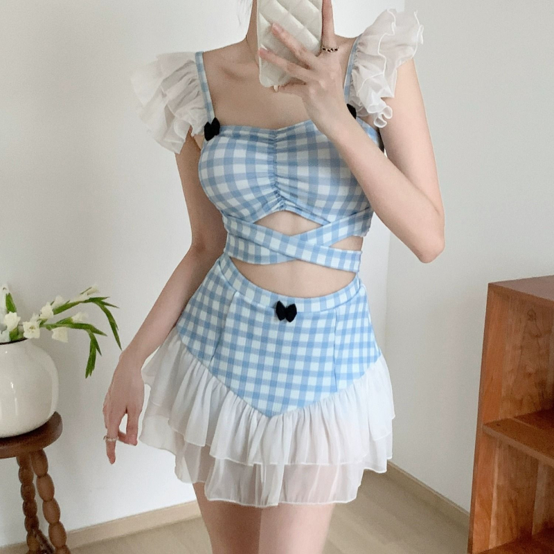 Women'S Fashion - ชุดว่ายน้ำแบบผูกคอสำหรับผู้หญิง ดีไซน์น่ารัก โบว์ผูกเก๋ไก๋ สไตล์เรโทร คอสูง แฟชั่นสำหรับฤดูร้อน