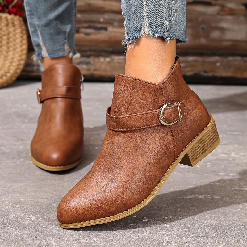 Sale Fashion Women - รองเท้าบูทข้อเท้าผู้หญิงสำหรับฤดูใบไม้ร่วงและฤดูหนาว แบบมีซิปด้านข้าง ส้นหนา ใส่สบาย แฟชั่น ทันสมัย
