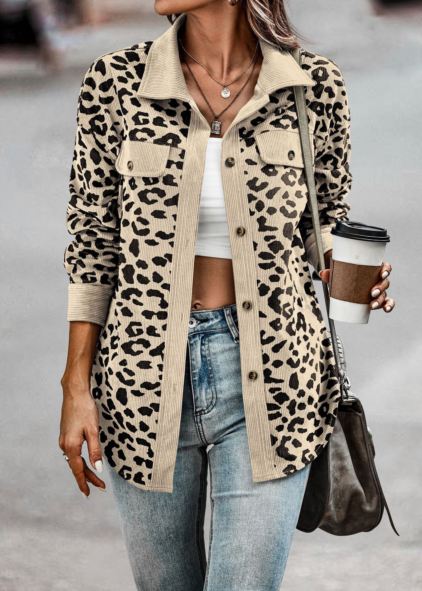 Women'S Fashion Jackets Amazon - 2024ใหม่เสื้อผ้าผู้หญิงข้ามพรมแดนยุโรปและอเมริกาแฟชั่นฤดูใบไม้ร่วงและฤดูหนาวกระดุมพิมพ์ลายเสือดาวแขนยาว