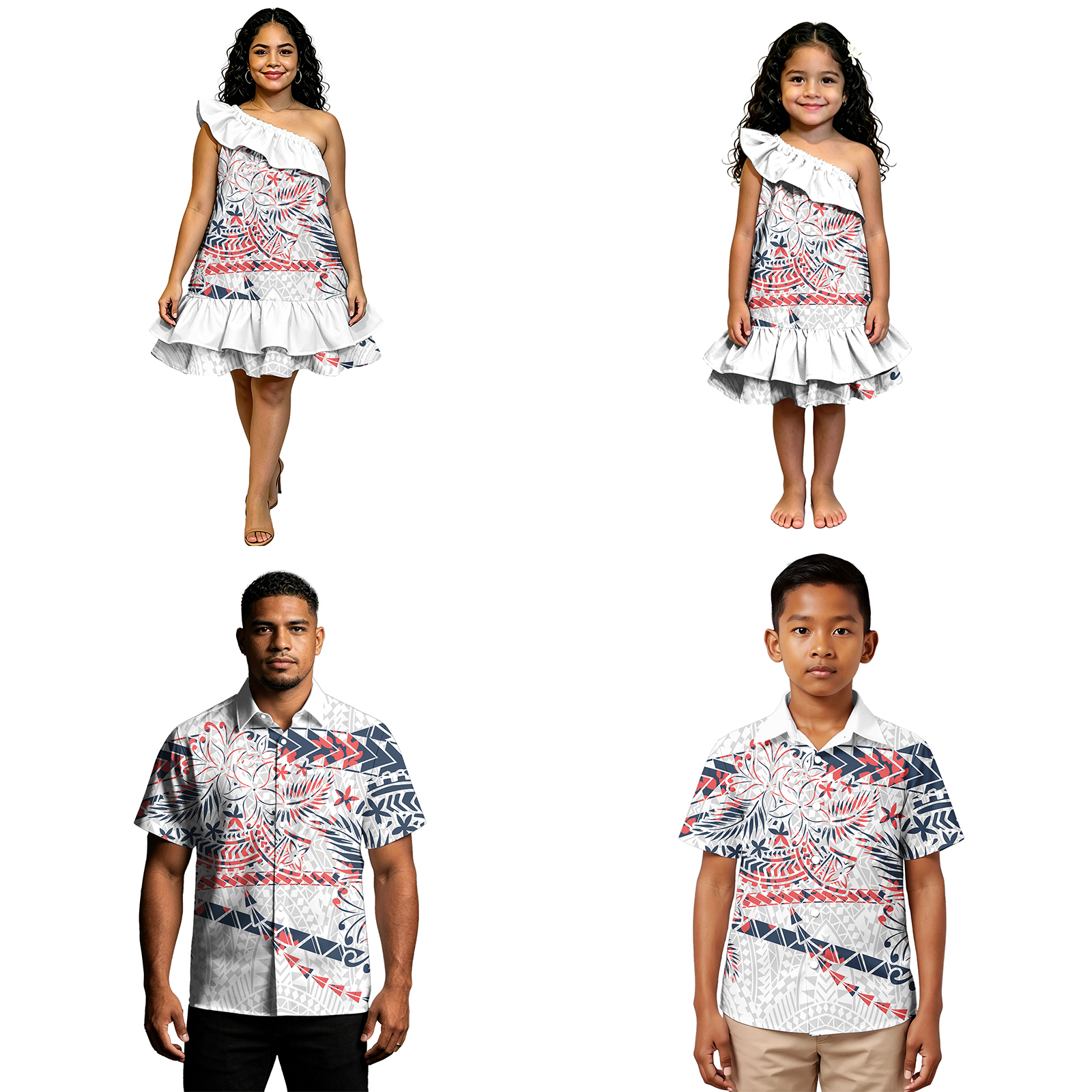 Ruched Dress Mini - เสื้อเชิ้ตลำลองสไตล์ฮาวายสำหรับพ่อและลูกชาย ชุดเดรสชายหาดสั้นแบบมีระบายสำหรับแม่และลูกสาว ชุดคู่แบบโพลีนีเซียนสำหรับครอบครัว