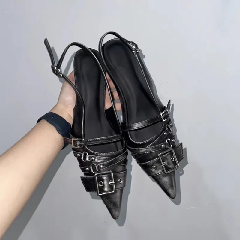 Fashion Women Belt - รองเท้าส้นสูงหัวแหลมแบบสวมสำหรับผู้หญิง ประดับหัวเข็มขัด แบบเปิดส้น รุ่นปี 2025