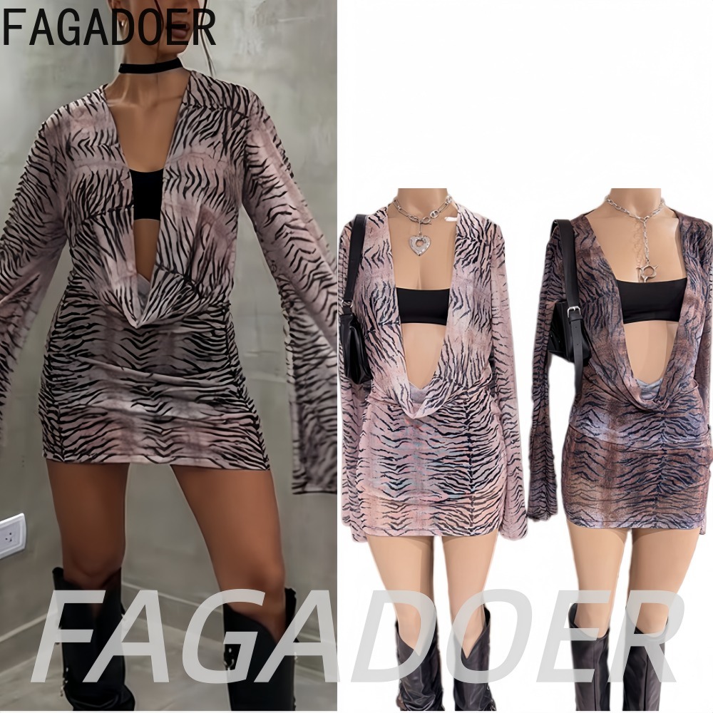 Ruched Dress Mini - ชุดเดรสสั้นลายเสือสไตล์เรโทร Y2K ของ FAGADOER ชุดสองชิ้นเซ็กซี่ ดีไซน์รูดจีบ