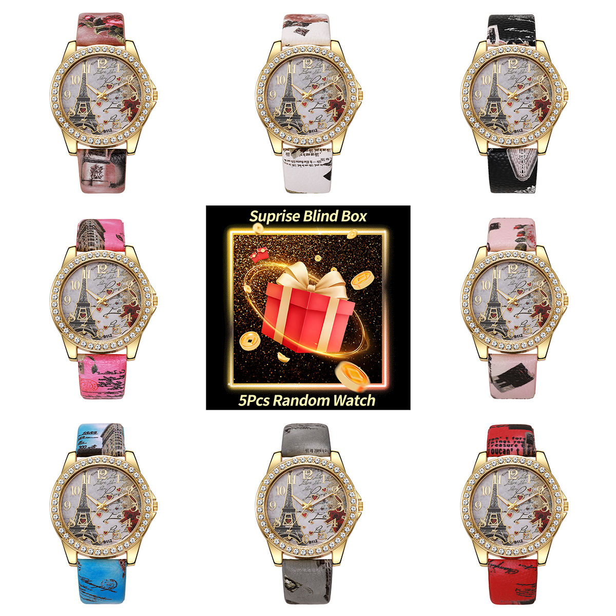 Fashion Women Watches - 5PCS Surprise Mystery Box-แฟชั่น Rhinestone นาฬิกาผู้หญิงสุภาพสตรีนาฬิกาข้อมือควอตซ์