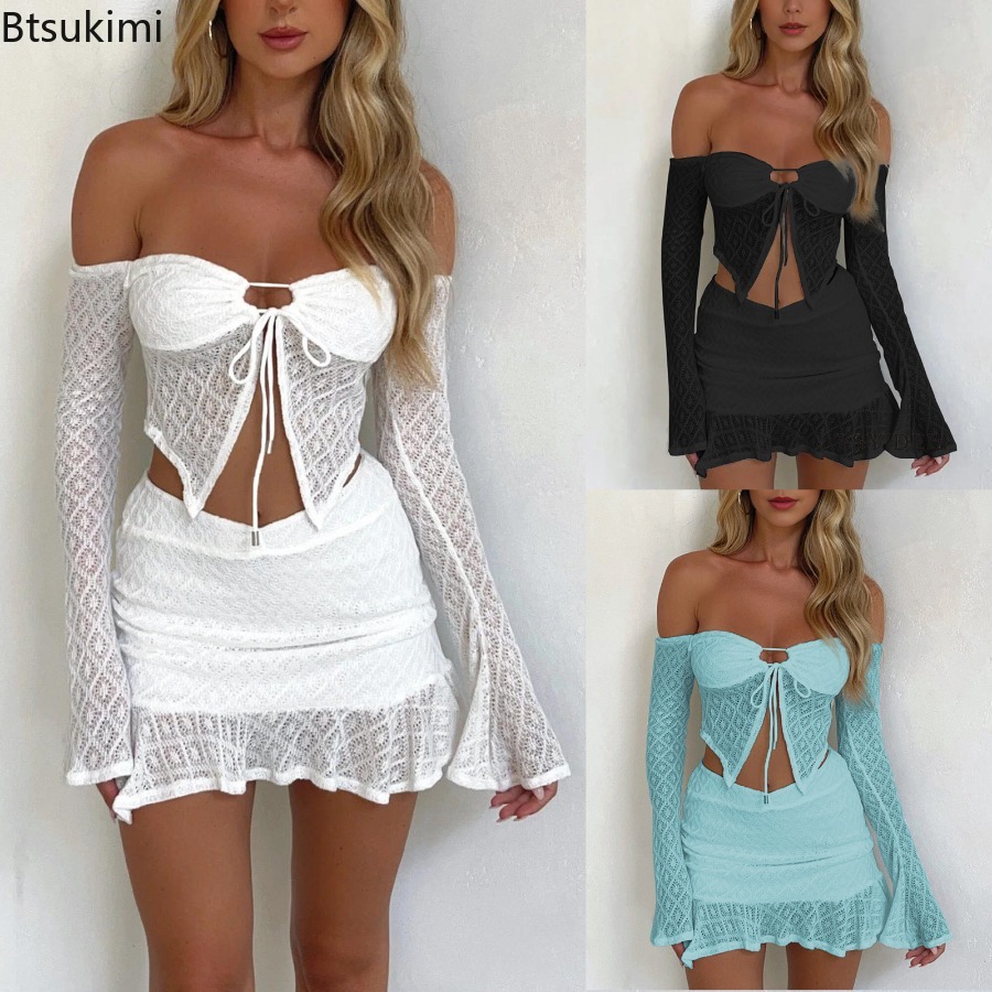 Lace Trim Cami - ชุดเซ็กซี่สองชิ้นสำหรับผู้หญิงแบบใหม่ เสื้อเปิดไหล่แขนยาว ผูกเชือกที่อก กระโปรงสั้นทรงไม่สมมาตร สำหรับงานปาร์ตี้ แฟชั่น