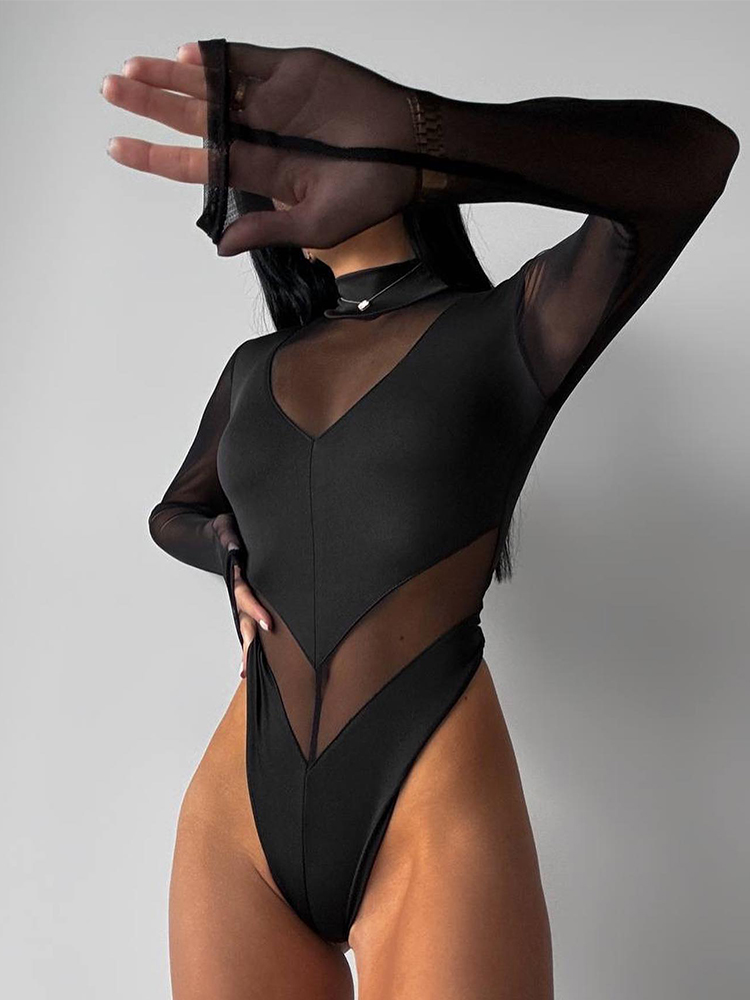 Turtleneck Bodysuit - ตาข่ายPatchworkชุดบอดี้สูทผู้หญิงแฟชั่นเซ็กซี่Clubwearแขนยาวคอเต่าSheer JumpsuitsหญิงผอมStreetwear