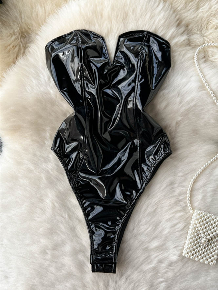 Turtleneck Bodysuit - PU หนังเซ็กซี่บอดี้สูทผู้หญิงแขนกุดซิป Slim Rompers ฤดูใบไม้ร่วงฤดูหนาว Streetwear