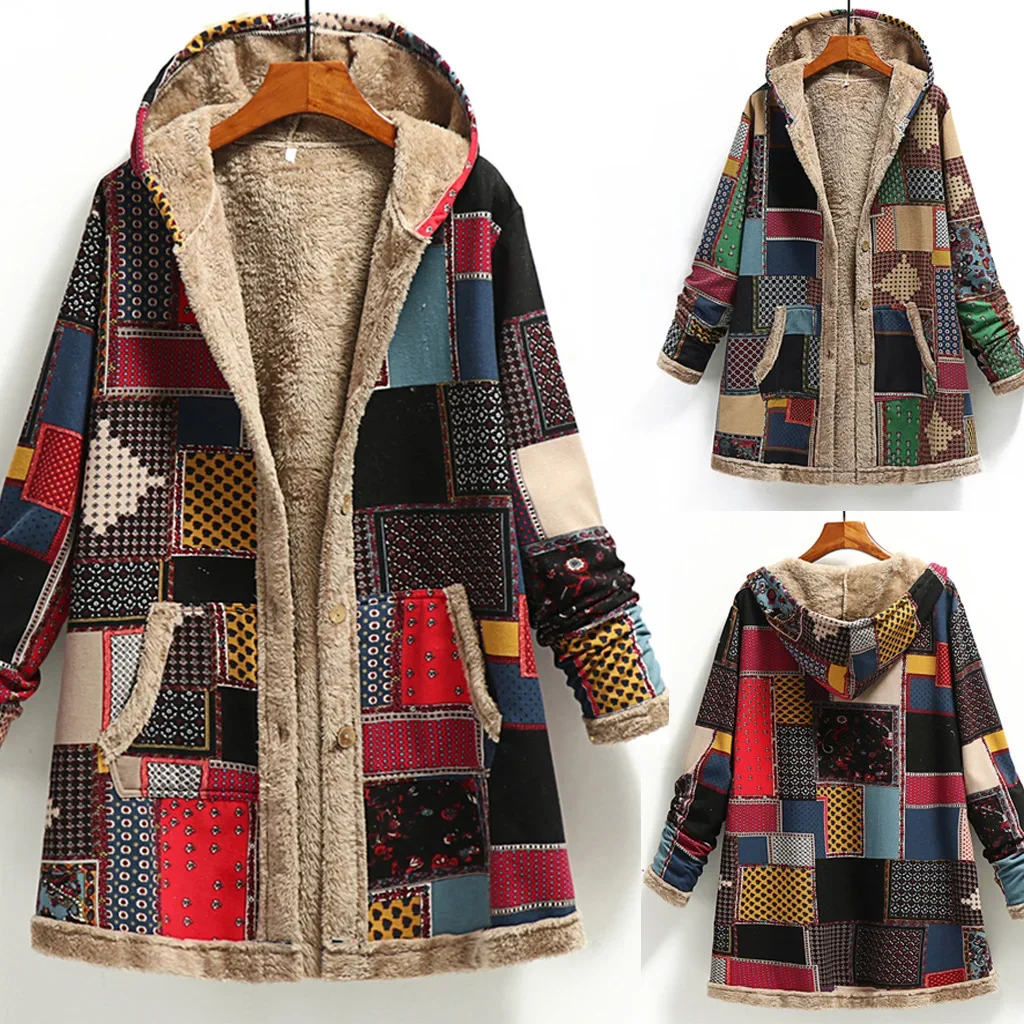 Women'S Fashion Jackets Amazon - 2025ฤดูหนาวAmazon Wishผู้หญิงแฟชั่นผ้าฝ้ายผ้าลินินพิมพ์Hooded Sweatshirt Warm Plush Jacketใหม่ยุโรปสไตล์อเมริกัน