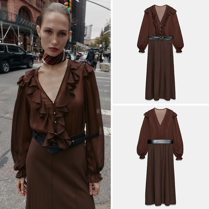Women'S Young Fashion - เดรสยาวแขนยาวคอวีทรงสวยหรู แฟชั่นฤดูใบไม้ร่วงใหม่สำหรับผู้หญิง ชุดเดรสคาดเข็มขัด ชุดแสดงบนเวที ชุดสไตล์ชาติพันธุ์สำหรับสาวๆ
