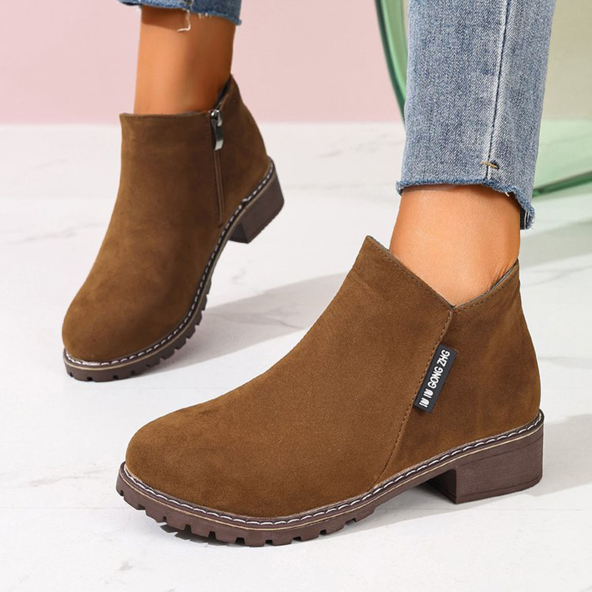 Sale Fashion Women - รองเท้าบูทข้อเท้าผู้หญิงสำหรับฤดูใบไม้ร่วงและฤดูหนาว แบบมีซิปด้านข้าง ส้นหนา ใส่สบาย แฟชั่นทันสมัย เหมาะสำหรับใส่ลำลองหรือเป็นทางการ