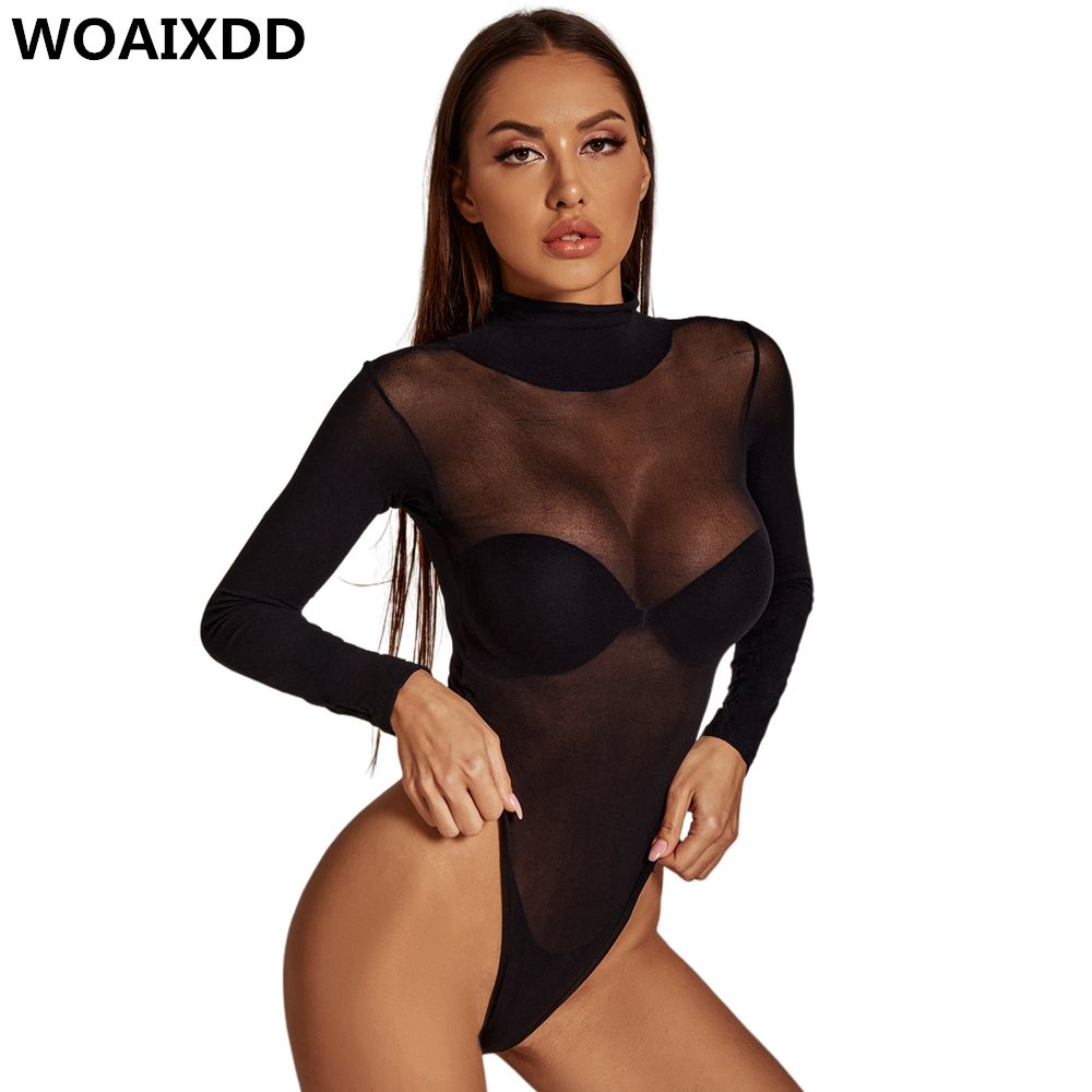 Turtleneck Bodysuit - บอดี้สูทแขนยาวผู้หญิงStreetwear Dropshippingเซ็กซี่BodyconคอสูงมุมมองBasicสีดําOveralls Top Clubwear