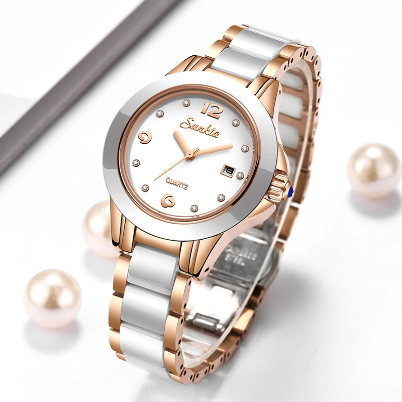 Fashion Women Watches - ซุนก้าต้าแฟชั่นนาฬิกาควอทซ์ผู้หญิงลำลองหรูหราเซรามิคเพชรปฏิทินกันน้ำสุภาพสตรีนาฬิกาผู้หญิงมงเตร เฟมม์