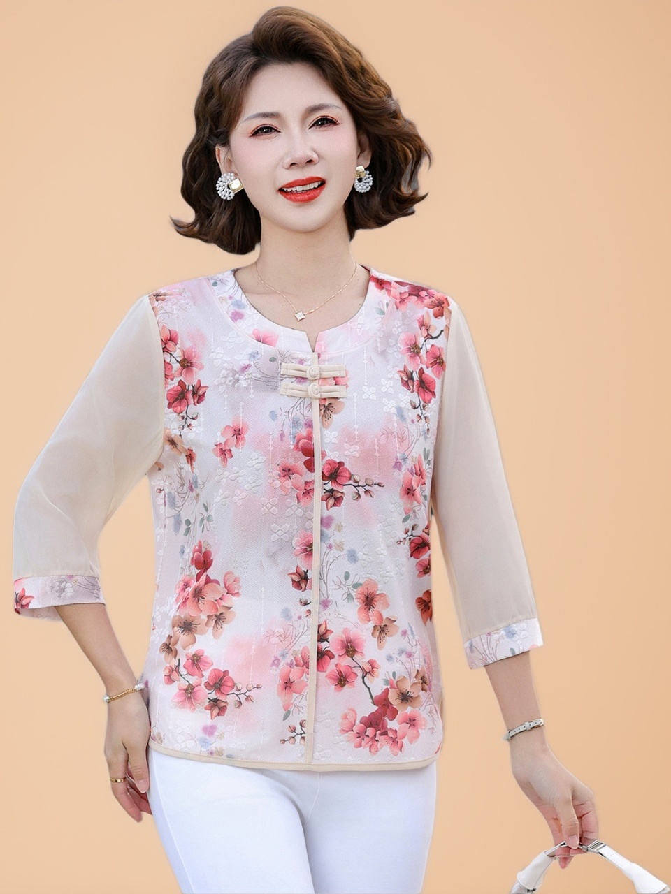 Women Fashion Over 60 - เสื้อยืดผ้าไหมทรงหลวมสไตล์จีนใหม่พร้อมแขนเสื้อยืดหยุ่นสำหรับผู้สูงอายุผู้หญิงฤดูร้อนเสื้อผ้าแฟชั่นคุณแม่สไตล์เกาหลี