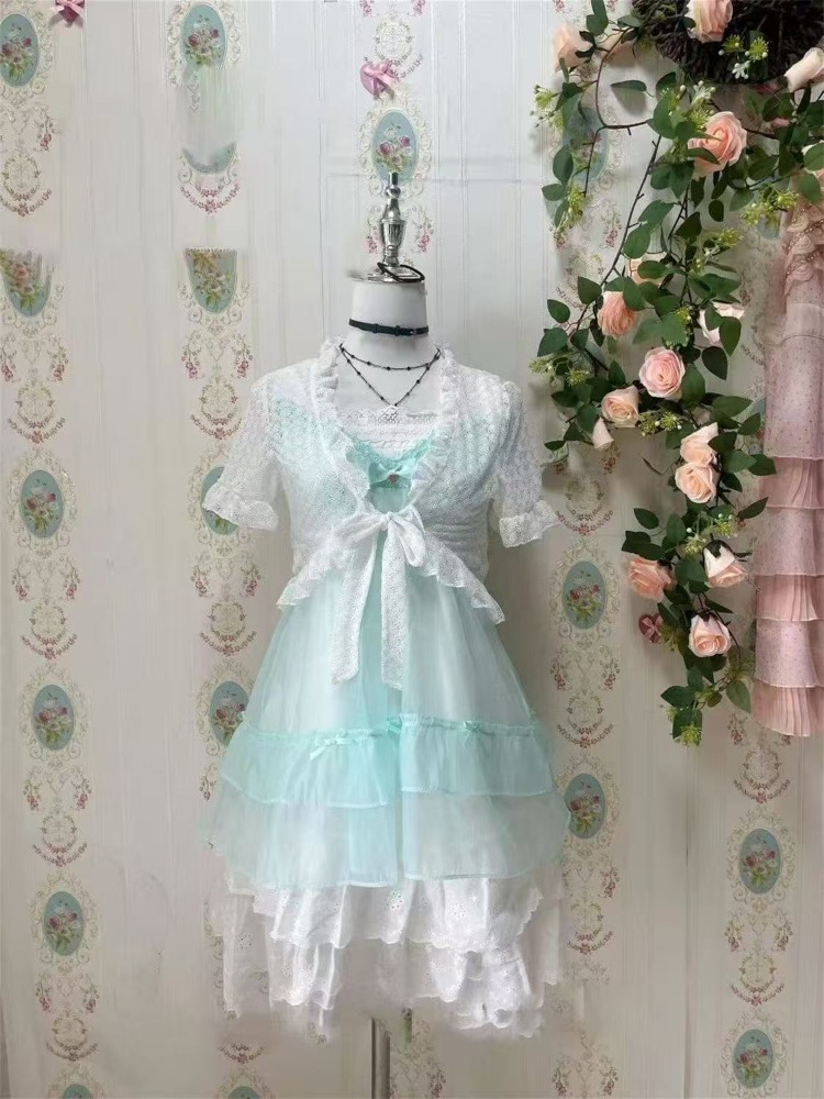 Ruched Dress Mini - ญี่ปุ่น Kawaii หวานน่ารัก 2 ชิ้นชุดผู้หญิงสั้นเสื้อลูกไม้ +