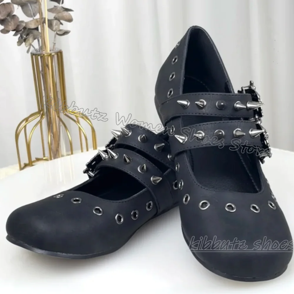 Fashion Women Belt - รองเท้าบัลเล่ต์สไตล์โกธิค พังก์ร็อก ประดับหัวเข็มขัด หมุดโลหะ สีพื้น แบบสวม