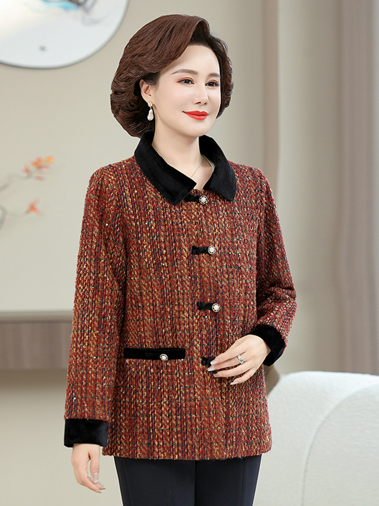 Women Fashion Over 60 - เสื้อโค้ทขนสัตว์แฟชั่นฤดูใบไม้ผลิใหม่สำหรับผู้หญิงวัยกลางคนและผู้สูงอายุ ทรงหลวม คอปก ขนาดใหญ่ สไตล์จีน
