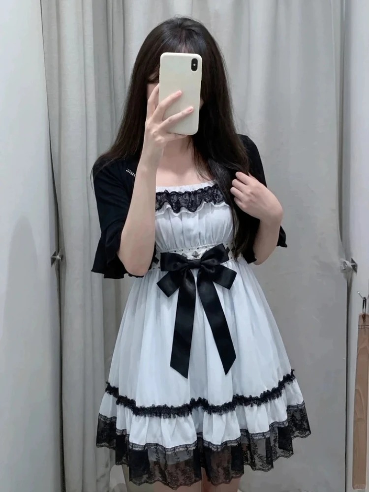 Ruched Dress Mini - แฟชั่นโกธิคพังก์น่ารัก ชุดเซ็ต 2 ชิ้นสำหรับผู้หญิง ชุดเดรสสีฟ้าลายโบว์สไตล์โลลิต้า +