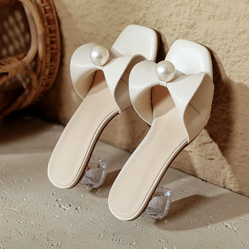 Women'S Fashion Sandals - รองเท้าส้นสูงแบบสวมสำหรับผู้หญิง สไตล์เกาหลี ประดับมุก ดีไซน์ฉลุลาย สำหรับฤดูร้อน