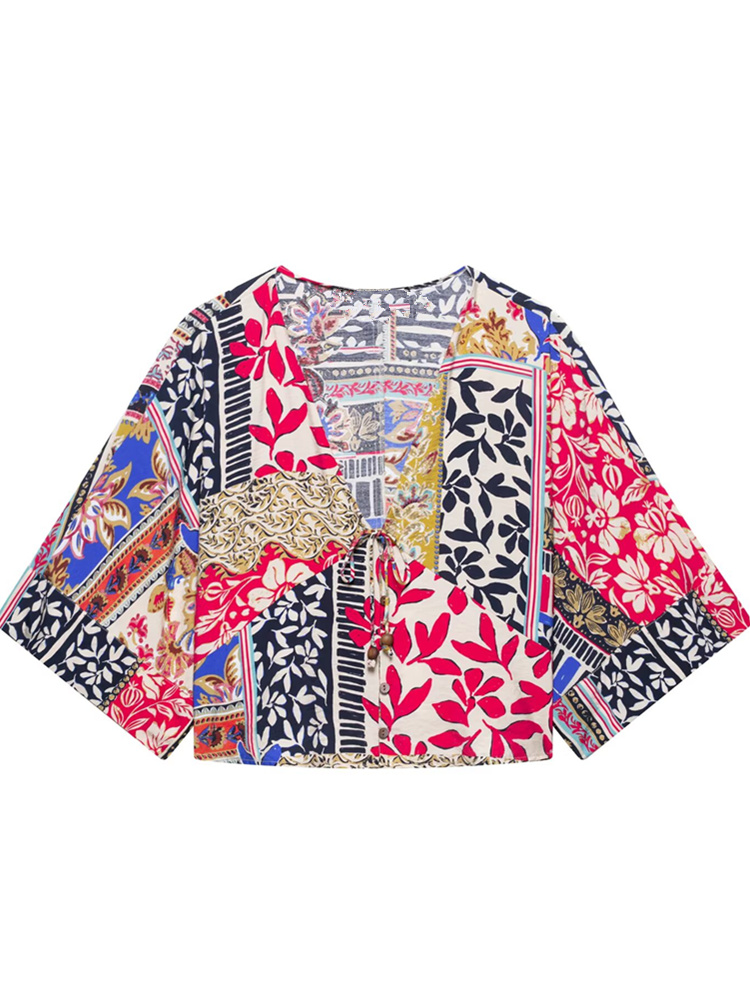 Women'S Fashion Kimono - Zevityผู้หญิงแฟชั่นVผ้าPatchworkพิมพ์สั้นKimonoเสื้อหญิงBatwingแขนเสื้อChic Chemise Blusas Tops LS9008