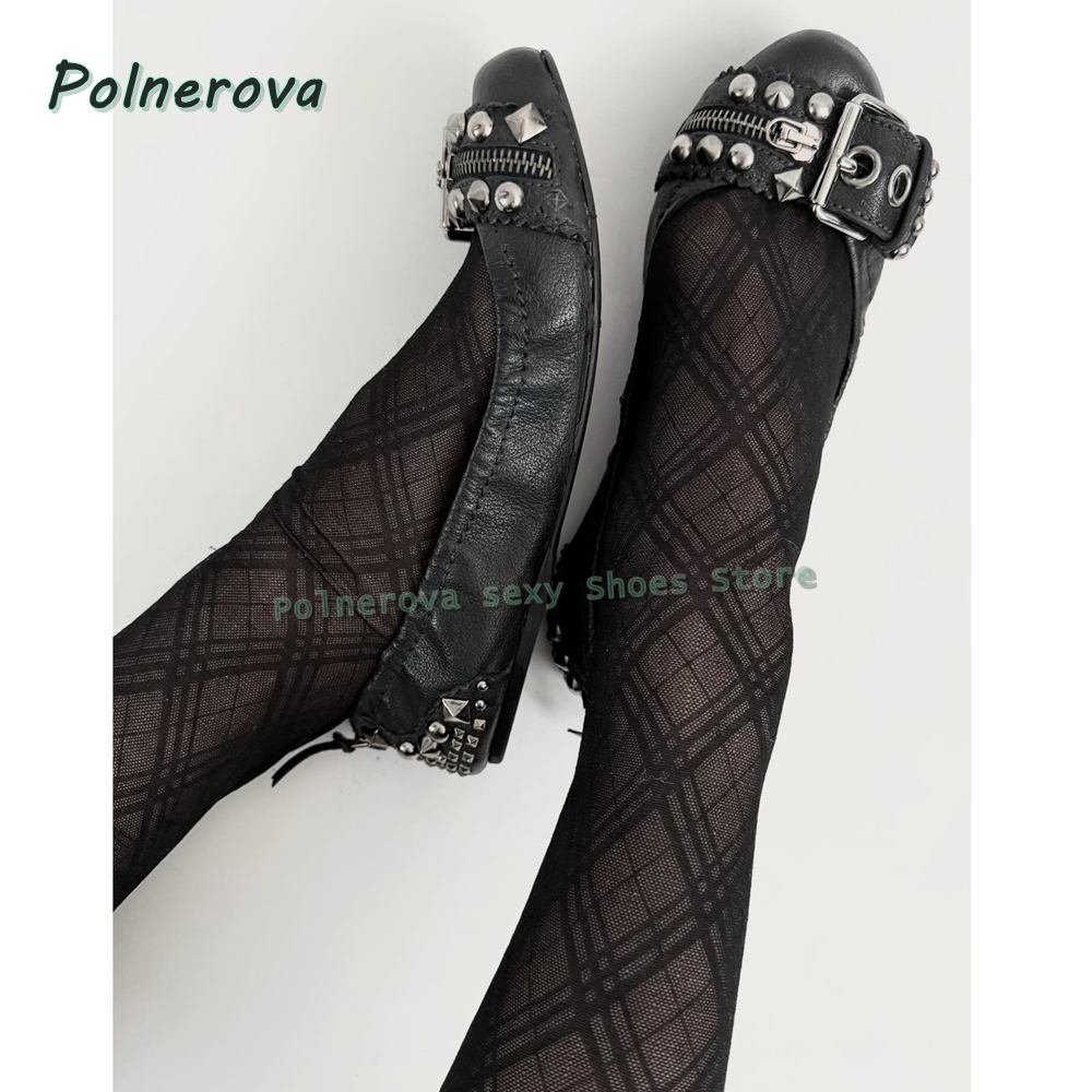 Fashion Women Belt - รองเท้าส้นเตี้ยแบบมีซิปประดับตกแต่ง รุ่น Mary Jane หัวแหลม พร้อมหัวเข็มขัดแบบ
