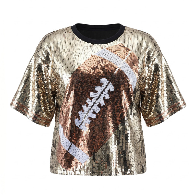 Women'S Fashion Rugby Top - เสื้อยืดแขนสั้นพิมพ์ลายรักบี้ประดับเลื่อมแฟชั่นฤดูร้อนสำหรับผู้หญิง คอกลม สไตล์ลำลอง