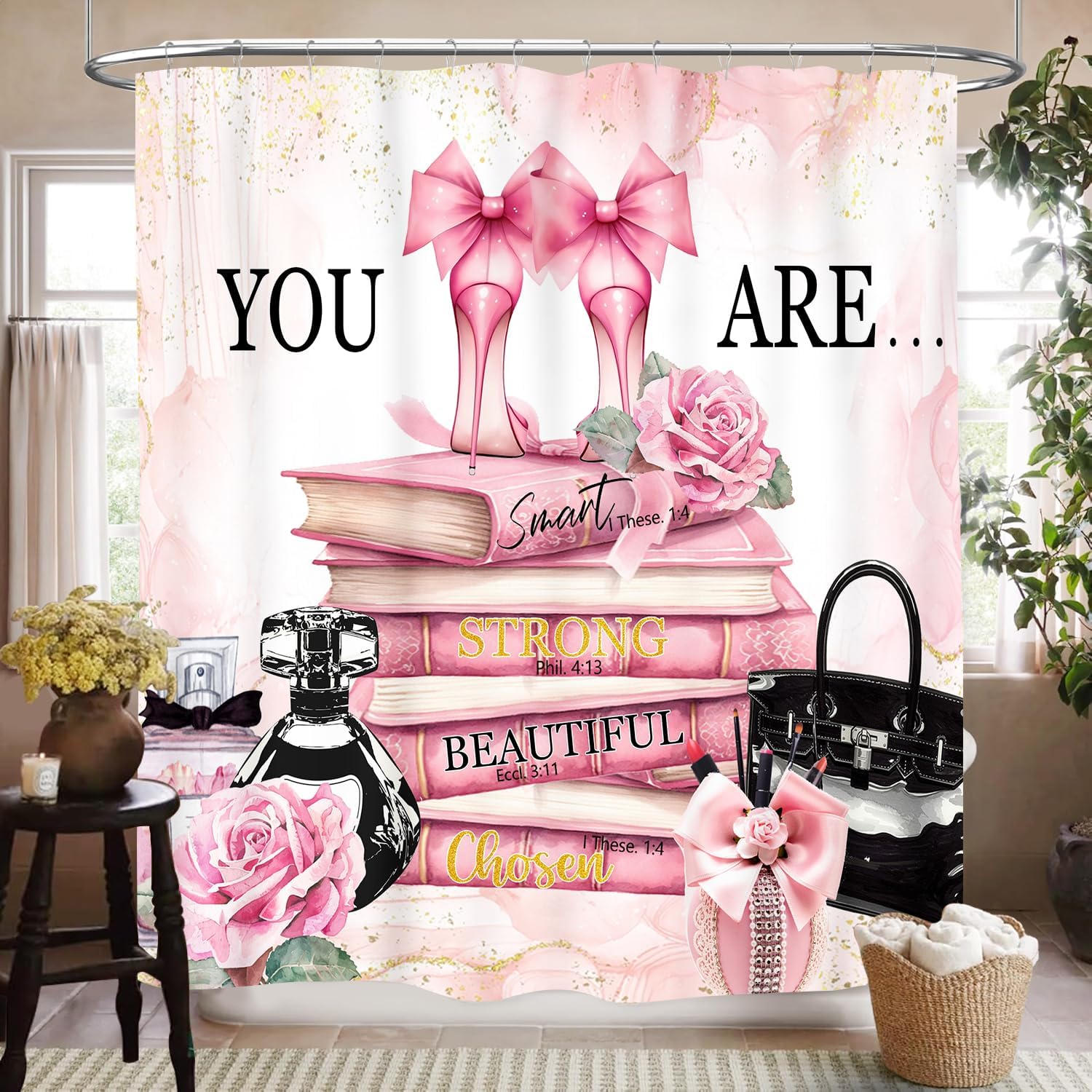 Women'S Fashion Magazines - ม่านอาบน้ำแฟชั่นสำหรับผู้หญิงสำหรับห้องน้ำ ลายหินอ่อนสีชมพูสมัยใหม่ น้ำหอม รองเท้าส้นสูง ดอกไม้ นิตยสาร
