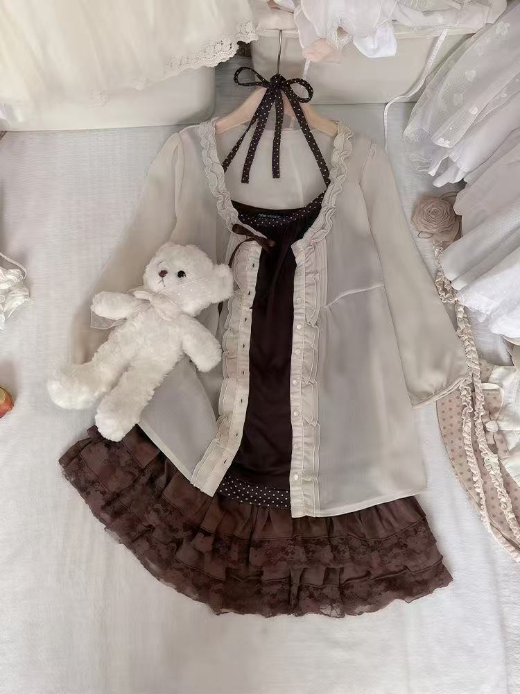 Ruched Dress Mini - ชุดสไตล์ญี่ปุ่นวินเทจสำหรับผู้หญิง ลายจุด สายคล้องคอ แต่งลูกไม้ ชุดเดรสทรงเค้ก เสื้อคลุมติดกระดุม