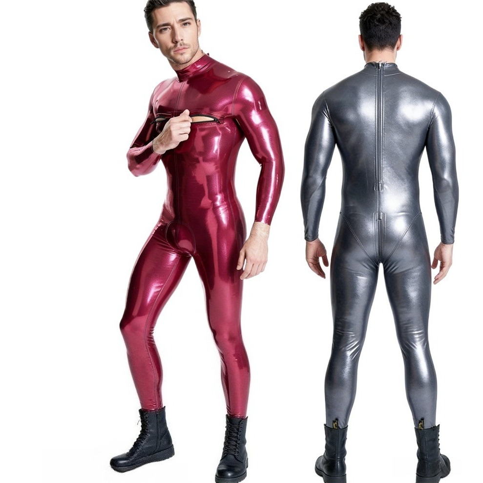 Turtleneck Bodysuit - ชุดบอดี้สูทยางลาเท็กซ์ คอเต่า ดีไซน์ซิปคู่ สีแดงไวน์-เงิน ชุดแคทสูทเต็มตัว สวมใส่ได้ตามสั่ง