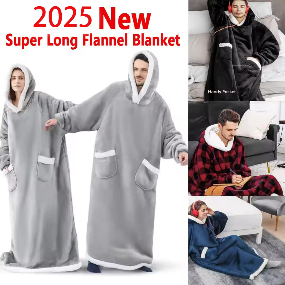 Women'S Fashion Hoodie - 150 ซม.ยาว Flannel ผ้าห่มเย็น Nightgown ชุดนอนแขนฤดูหนาว