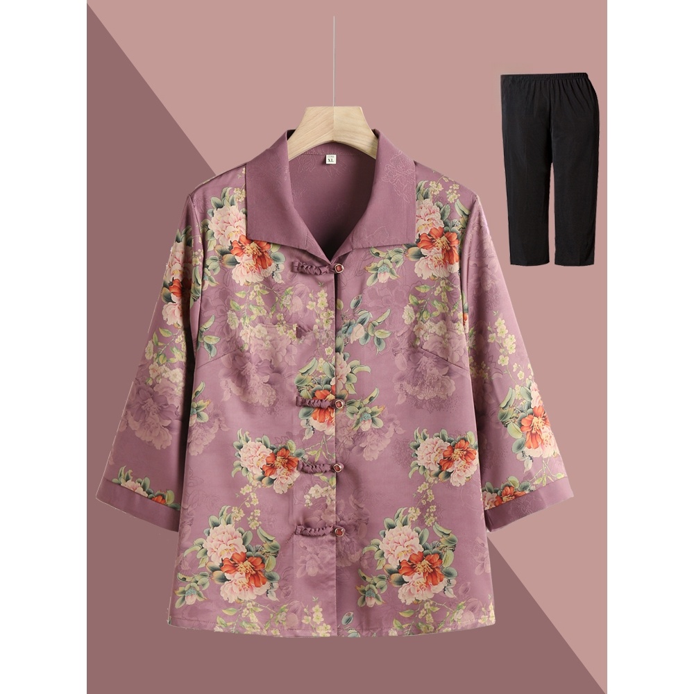 Women Fashion Over 60 - เสื้อเชิ้ตแขนเจ็ดส่วนทรงสวยหรูสำหรับผู้สูงอายุ ตกแต่งกระดุม สไตล์พื้นเมือง ทรงหลวม ผ้าไหม แฟชั่นฤดูใบไม้ผลิและฤดูร้อน