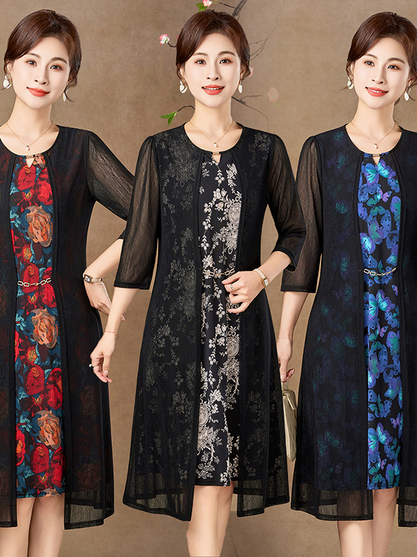 Women Fashion Over 60 - ชุดเดรสตาข่ายแขนกลางแบบหรูหราสำหรับผู้หญิงอายุ 50 ปีขึ้นไป แฟชั่นฤดูร้อน กระโปรงยาวทรงสองชิ้น ระบายอากาศได้ดี