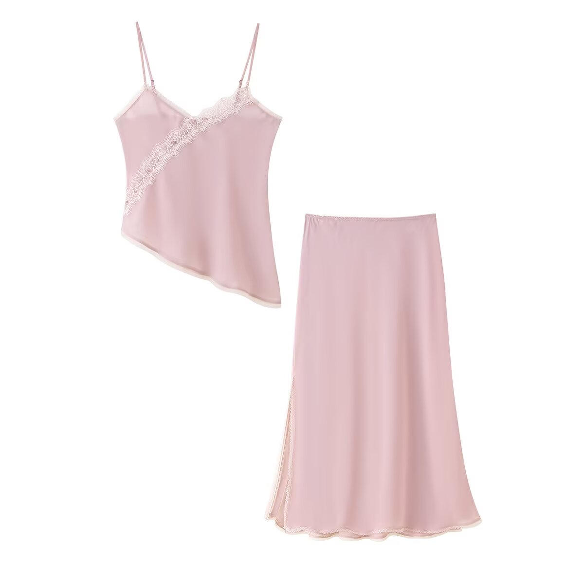 Lace Trim Cami - ชุดเสื้อสายเดี่ยวสีชมพูและกระโปรง Tidalyf 2025 สำหรับผู้หญิง คอรูปหัวใจ แต่งขอบลูกไม้