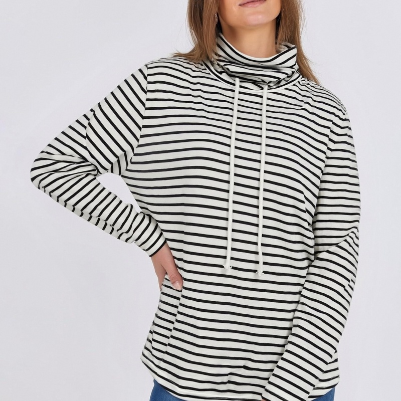 Women'S Fashion Hoodie - เสื้อสเวตเชิ้ตแฟชั่นลำลองสำหรับผู้หญิงไซส์ใหญ่ ลายทางขาวดำ คอสูง มีเชือกผูก แขนยาว ทรงหลวม