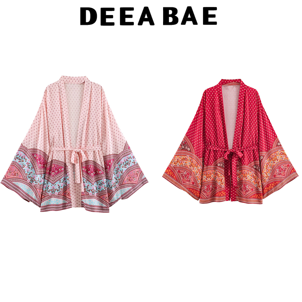 Women'S Fashion Kimono - DEEABAE ชุดฤดูร้อนใหม่ของผู้หญิงปี 2026 เสื้อคลุมกิโมโนแขนยาวแฟชั่นพิมพ์ลายหลวมๆ พร้อมเชือกผูก