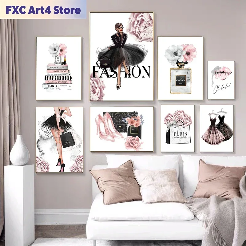 Fashion Women Picture - ภาพพิมพ์โปสเตอร์น้ำหอมผู้หญิงแฟชั่นไร้กรอบ ภาพดอกไม้สีชมพู ริมฝีปากเซ็กซี่ แต่งหน้า ภาพศิลปะติดผนัง ภาพวาดบนผ้าใบสำหรับห้องสไตล์นอร์ดิก