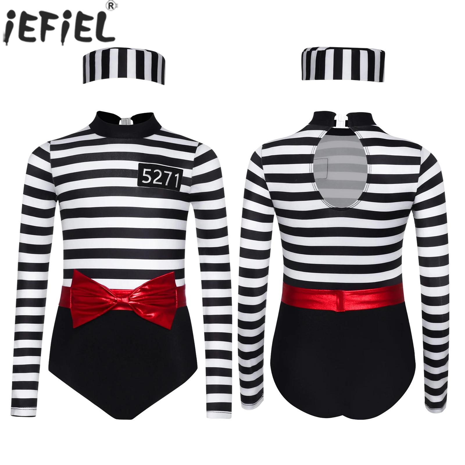 Turtleneck Bodysuit - สาววัยรุ่นฮาโลวีนนักโทษคอสเพลย์บอดี้สูทแขนยาวลาย Jailbird Jumpsuit กับเข็มขัดนักโทษหมวก Criminal เครื่องแต่งกาย