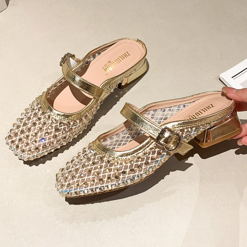 รองเท้าแตะส้นหนาประดับเพชรตาข่ - Women'S Fashion Sandals บทวิจารณ์และราคา