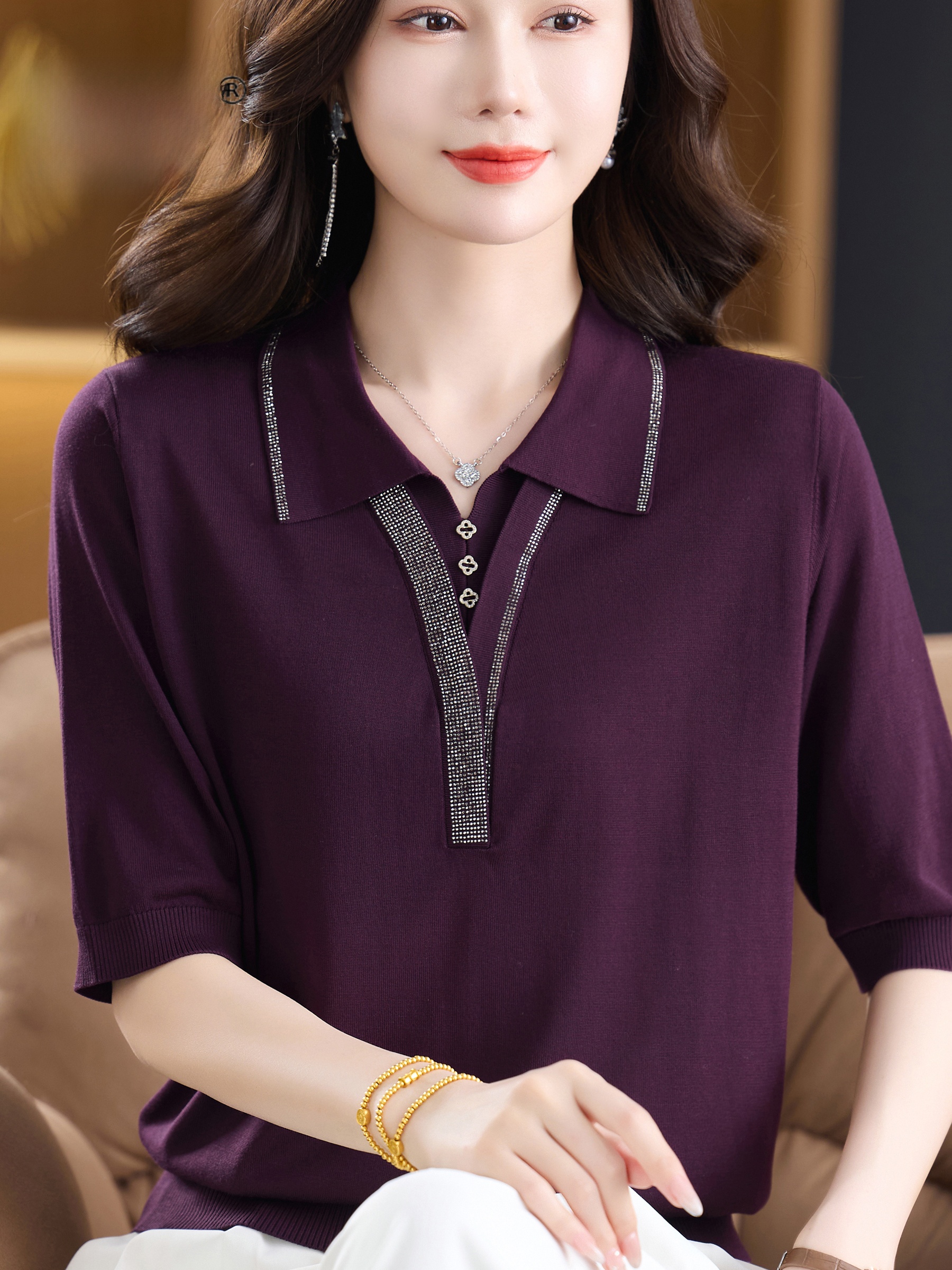 เสื้อยืดไหมน้ำแข็งถักแขนสั้นคอ - Women Fashion Over 60 บทวิจารณ์และราคา